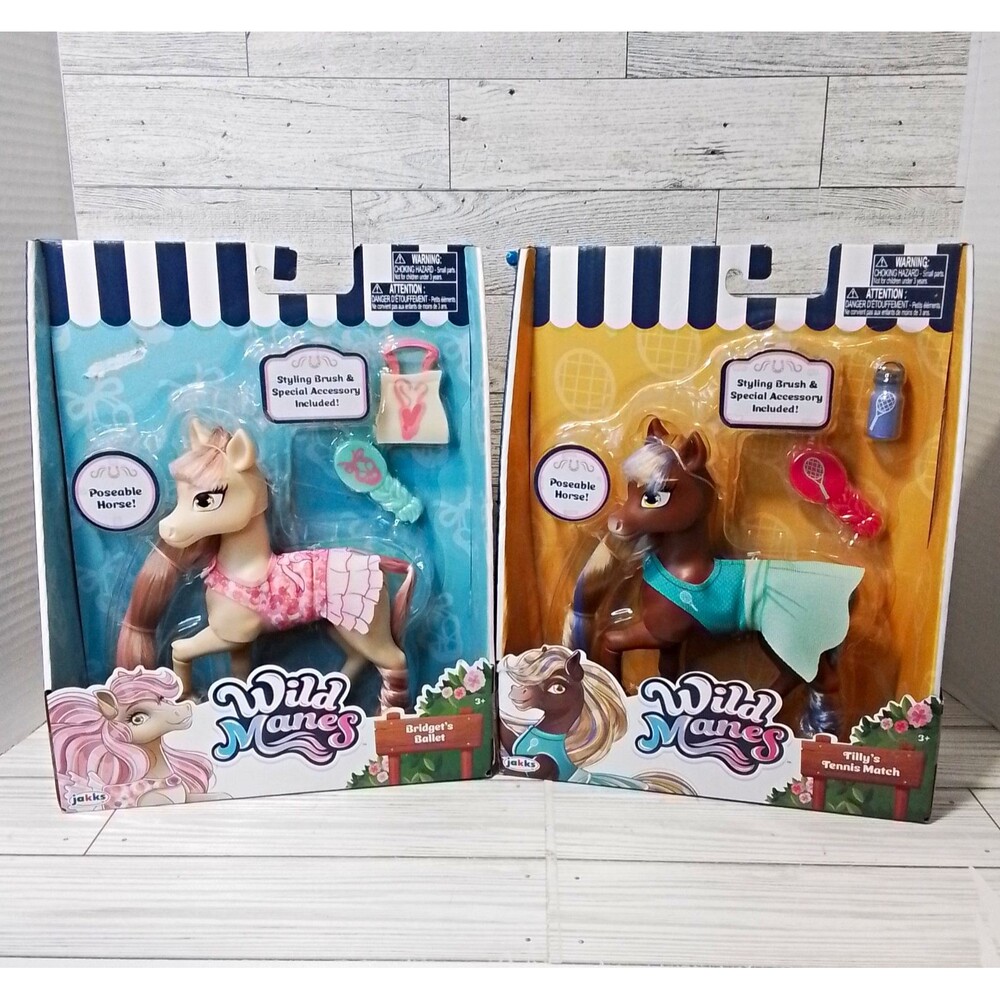 Jakks Wild Manes Posable Horse Lot Bridget Ballet & Tilly Tennis w/Brush + Accs